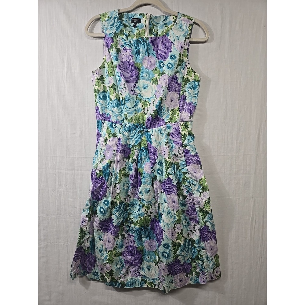 Talbots Garden Party Dress Women's 8P Floral Pleated Fit Flare Sleeveless Lined‎